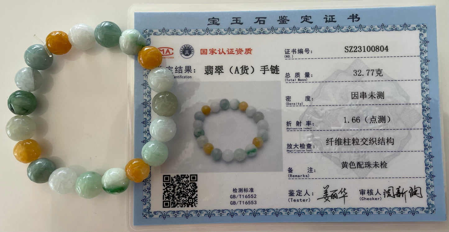 100% Untreated Certified Genuine Type A Burmese Jadeite, Carved Lotus Jadeite Jade Beads Bracelet, Grade A Jadeite, Burma Jadeite