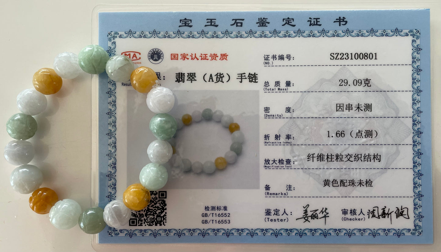 100% Untreated Certified Genuine Type A Burmese Jadeite, Carved Lotus Jadeite Jade Beads Bracelet, Grade A Jadeite, Burma Jadeite