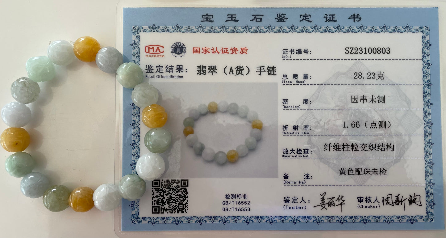 100% Untreated Certified Genuine Type A Burmese Jadeite, Carved Lotus Jadeite Jade Beads Bracelet, Grade A Jadeite, Burma Jadeite