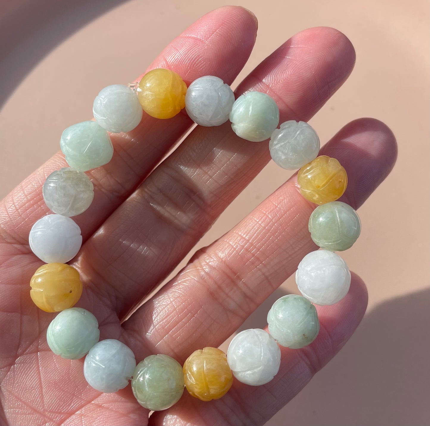 100% Untreated Certified Genuine Type A Burmese Jadeite, Carved Lotus Jadeite Jade Beads Bracelet, Grade A Jadeite, Burma Jadeite