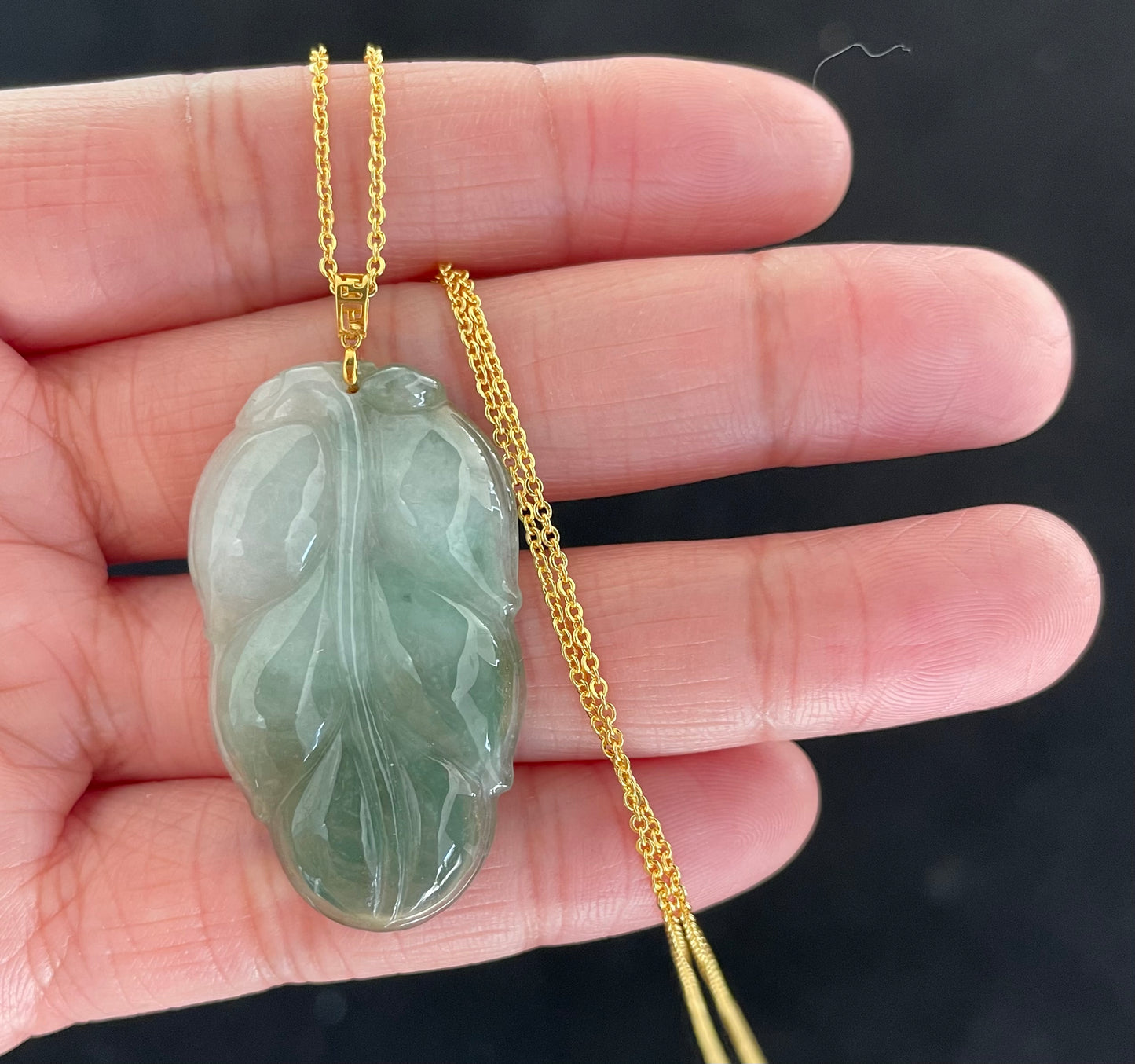 Icy Green Leaf Jadeite Jade Pendant 18K Gold Buckle, 100% Untreated Certified Genuine Type A Burmese Jadeite (Gold Necklace Chain NOT Included)