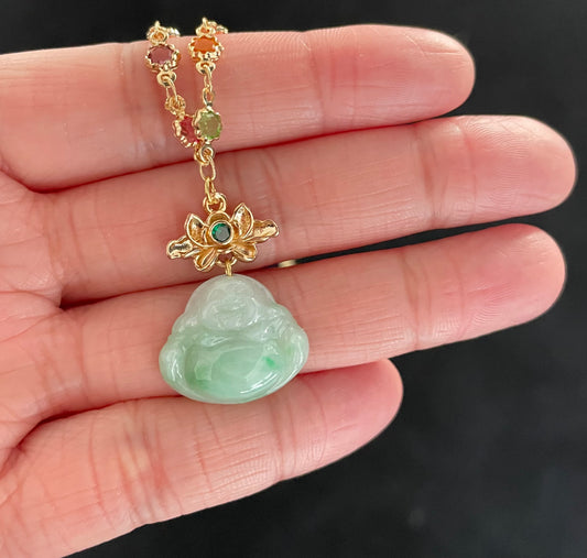 Green Jadeite, 100% Untreated Certified Genuine Type A Burmese Jadeite, Laughing Buddha Jadeite Jade Pendant Necklace, Grade A Jadeite, Burma Jadeite