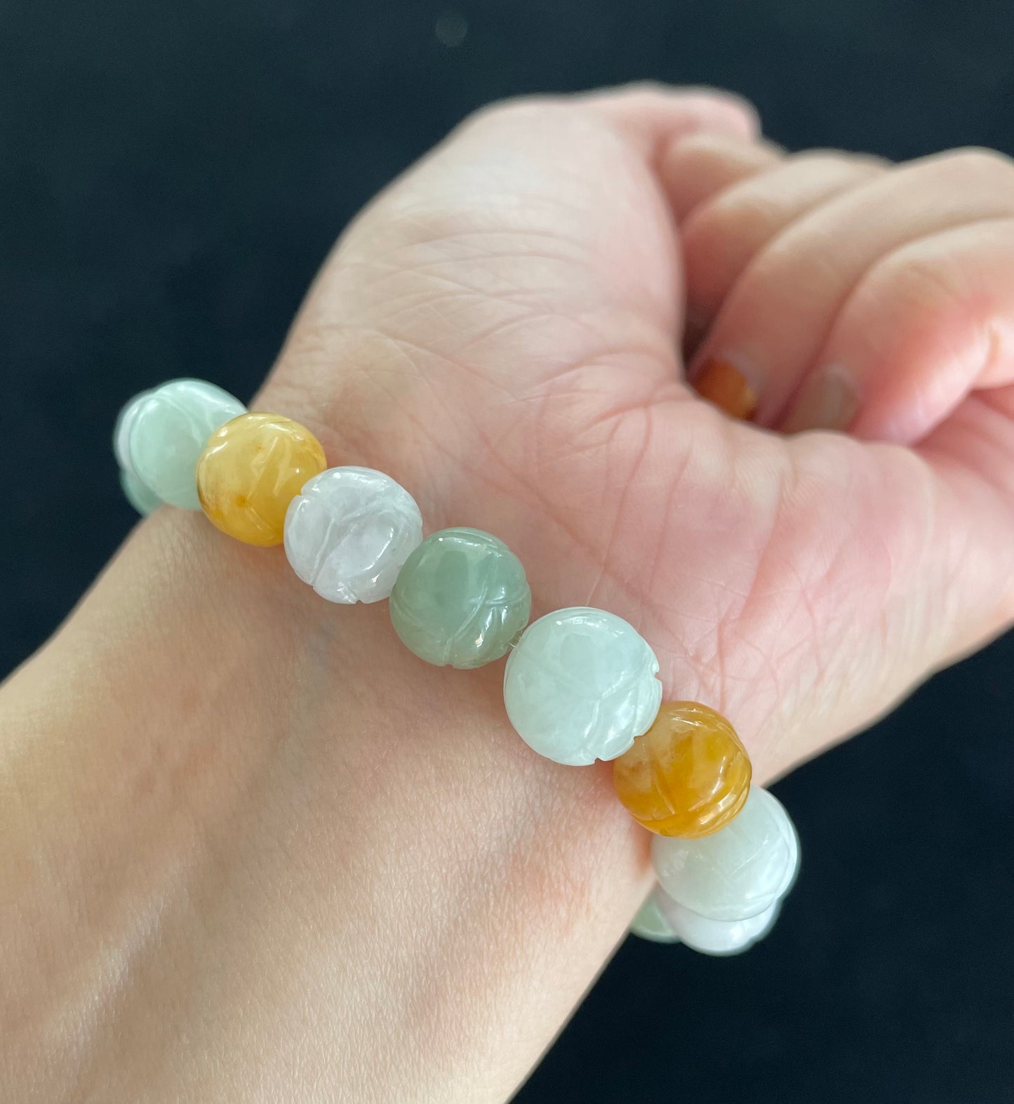 100% Untreated Certified Genuine Type A Burmese Jadeite, Carved Lotus Jadeite Jade Beads Bracelet, Grade A Jadeite, Burma Jadeite