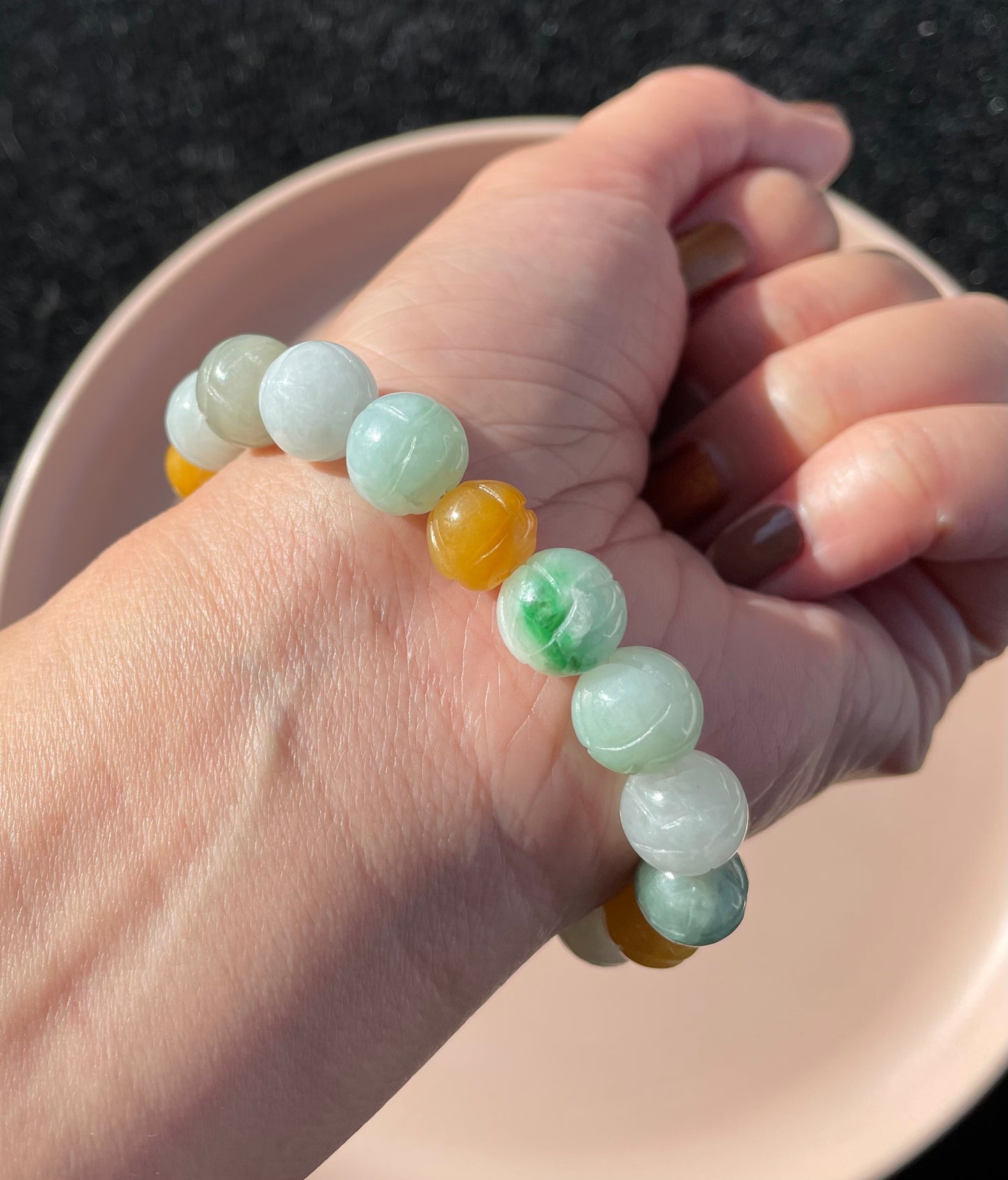 100% Untreated Certified Genuine Type A Burmese Jadeite, Carved Lotus Jadeite Jade Beads Bracelet, Grade A Jadeite, Burma Jadeite