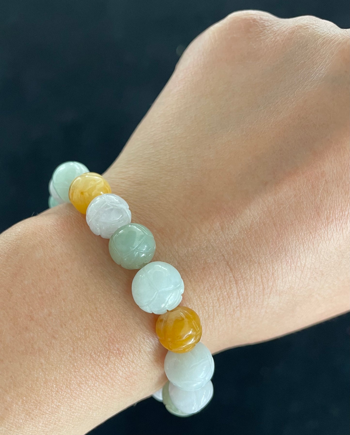 100% Untreated Certified Genuine Type A Burmese Jadeite, Carved Lotus Jadeite Jade Beads Bracelet, Grade A Jadeite, Burma Jadeite