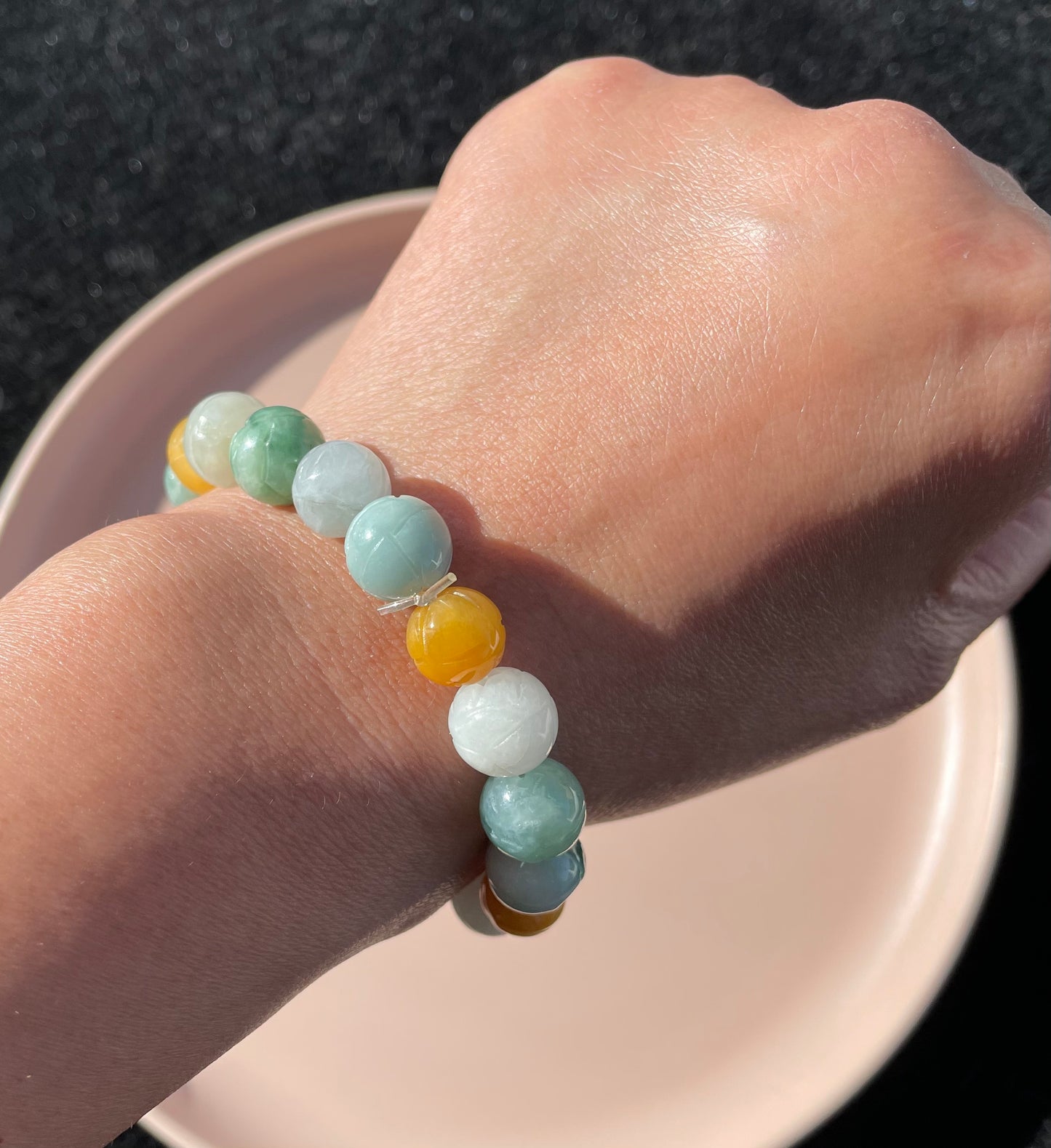 100% Untreated Certified Genuine Type A Burmese Jadeite, Carved Lotus Jadeite Jade Beads Bracelet, Grade A Jadeite, Burma Jadeite