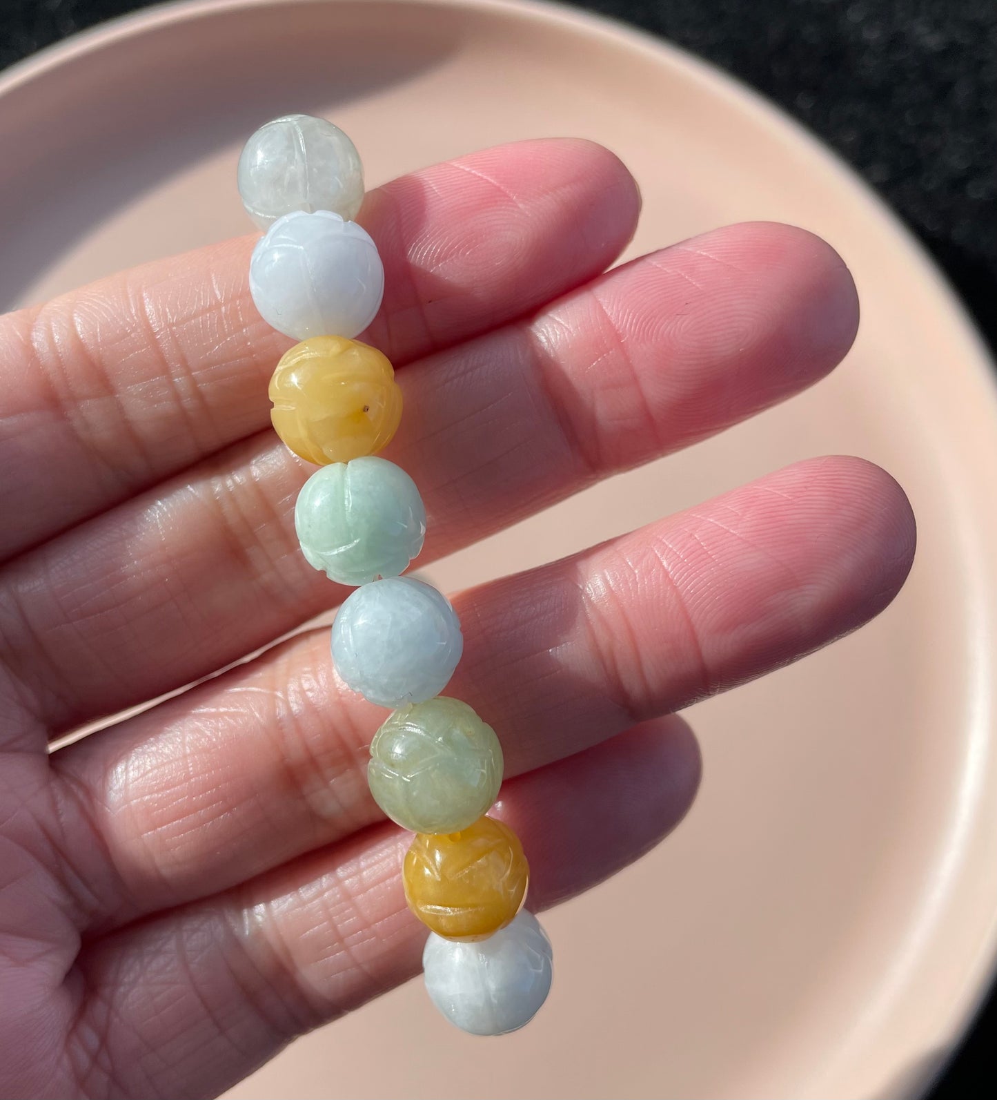 100% Untreated Certified Genuine Type A Burmese Jadeite, Carved Lotus Jadeite Jade Beads Bracelet, Grade A Jadeite, Burma Jadeite