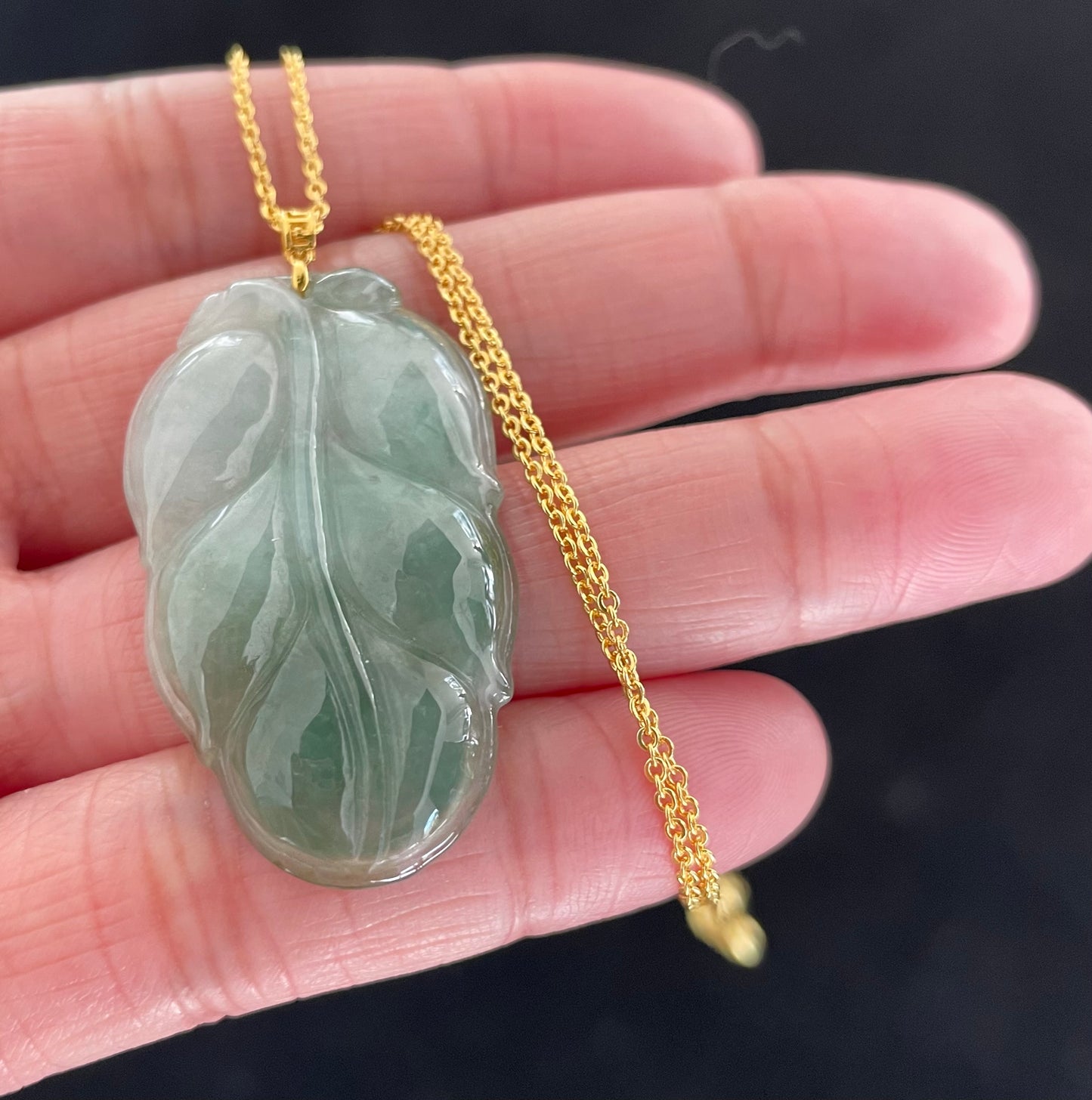 Icy Green Leaf Jadeite Jade Pendant 18K Gold Buckle, 100% Untreated Certified Genuine Type A Burmese Jadeite (Gold Necklace Chain NOT Included)