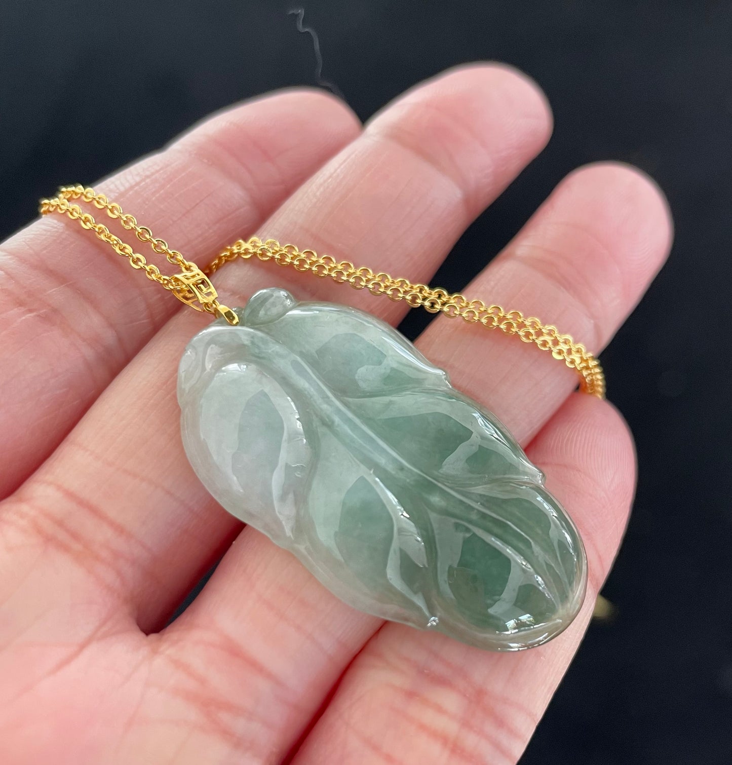 Icy Green Leaf Jadeite Jade Pendant 18K Gold Buckle, 100% Untreated Certified Genuine Type A Burmese Jadeite (Gold Necklace Chain NOT Included)