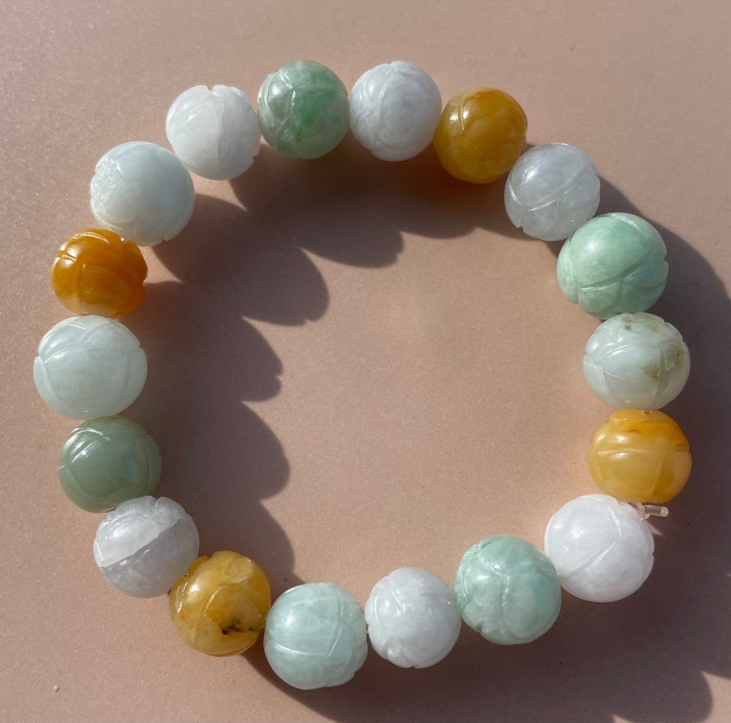 100% Untreated Certified Genuine Type A Burmese Jadeite, Carved Lotus Jadeite Jade Beads Bracelet, Grade A Jadeite, Burma Jadeite