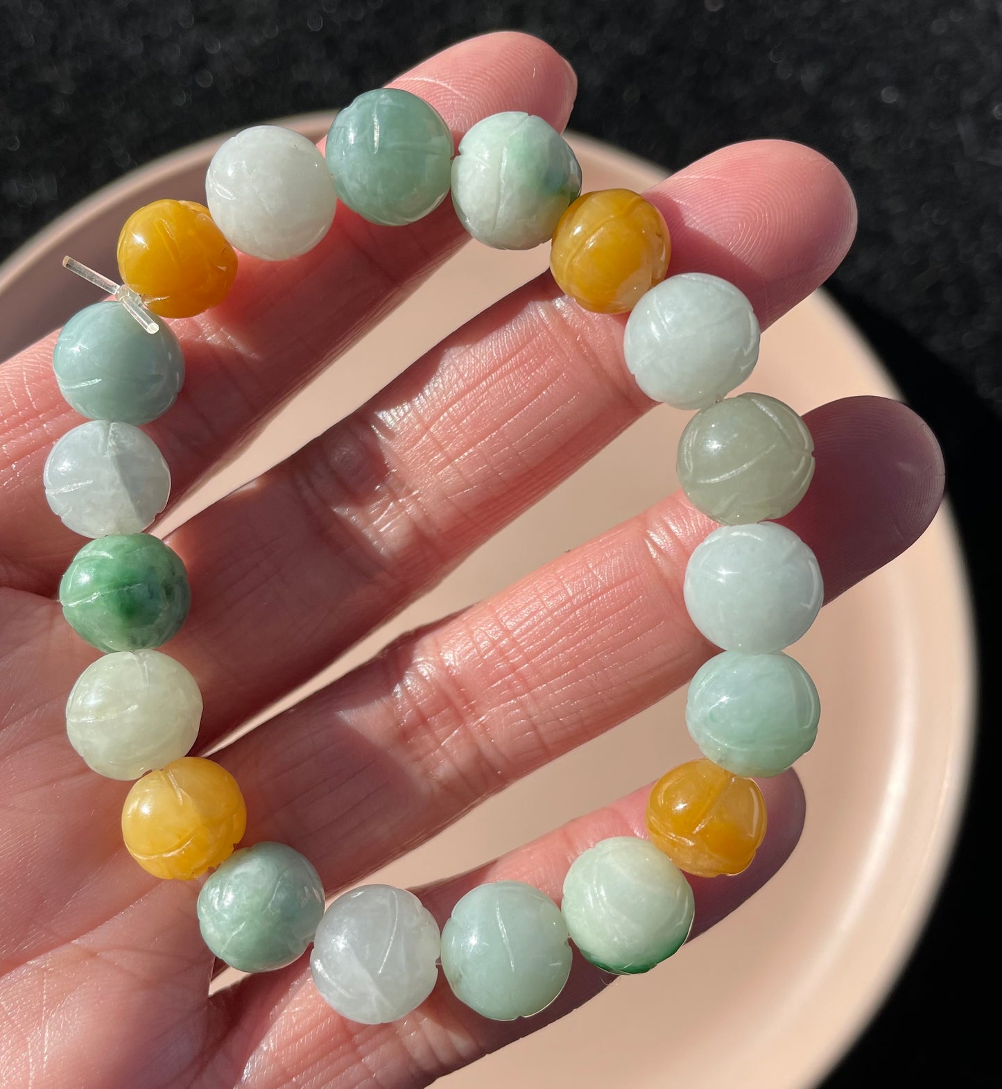 100% Untreated Certified Genuine Type A Burmese Jadeite, Carved Lotus Jadeite Jade Beads Bracelet, Grade A Jadeite, Burma Jadeite