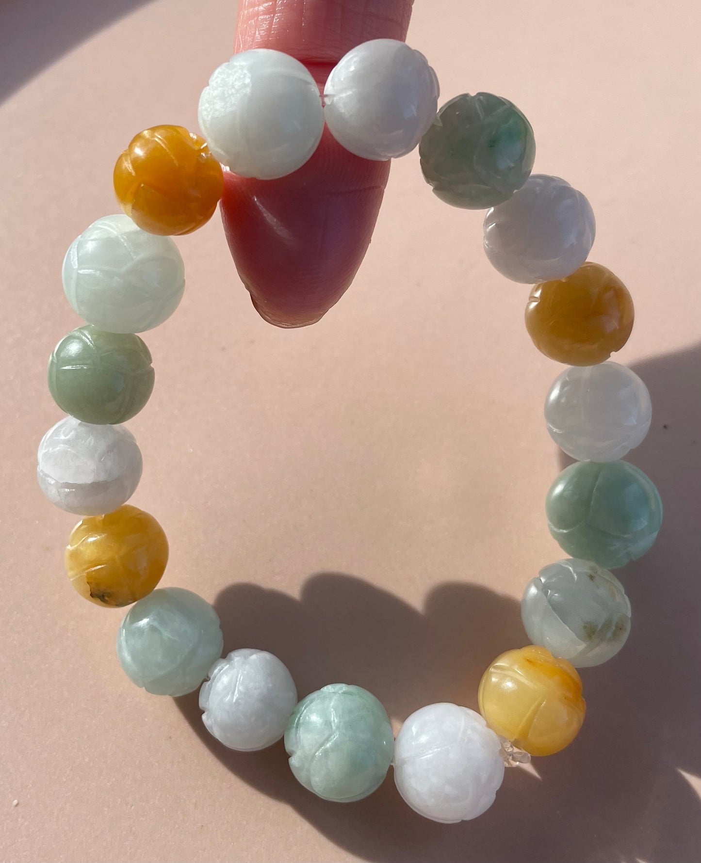 100% Untreated Certified Genuine Type A Burmese Jadeite, Carved Lotus Jadeite Jade Beads Bracelet, Grade A Jadeite, Burma Jadeite