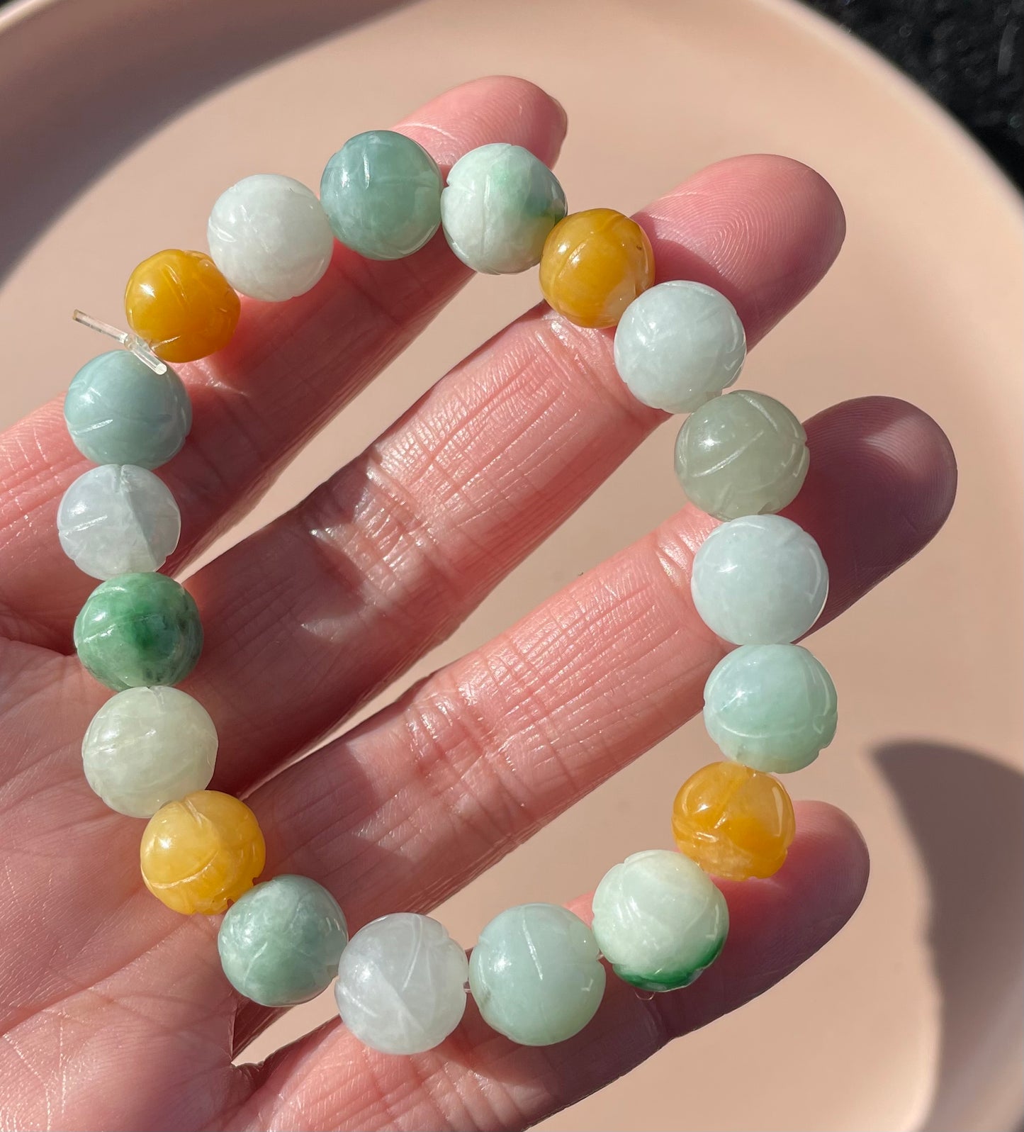 100% Untreated Certified Genuine Type A Burmese Jadeite, Carved Lotus Jadeite Jade Beads Bracelet, Grade A Jadeite, Burma Jadeite