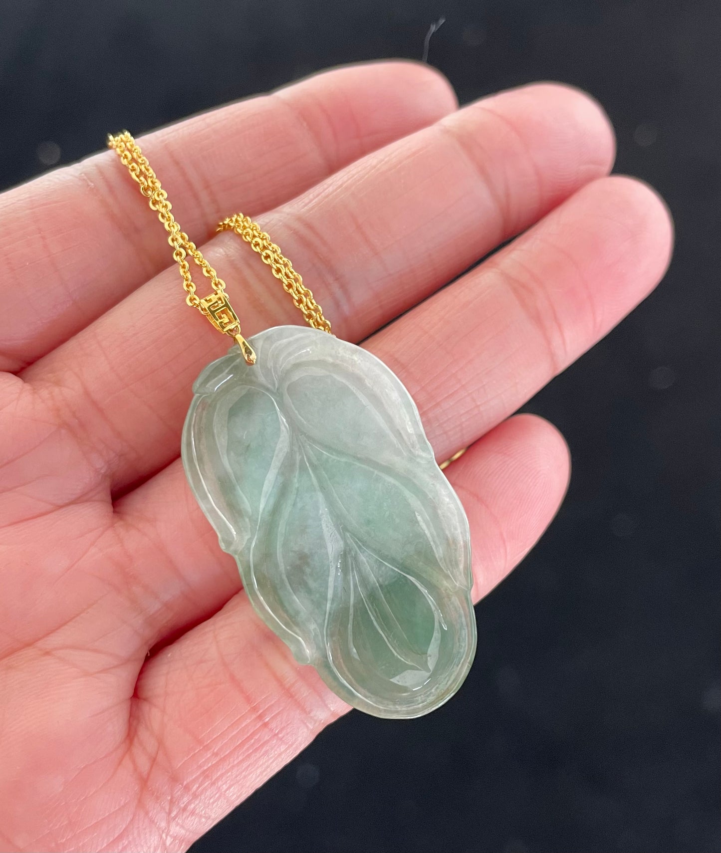 Icy Green Leaf Jadeite Jade Pendant 18K Gold Buckle, 100% Untreated Certified Genuine Type A Burmese Jadeite (Gold Necklace Chain NOT Included)