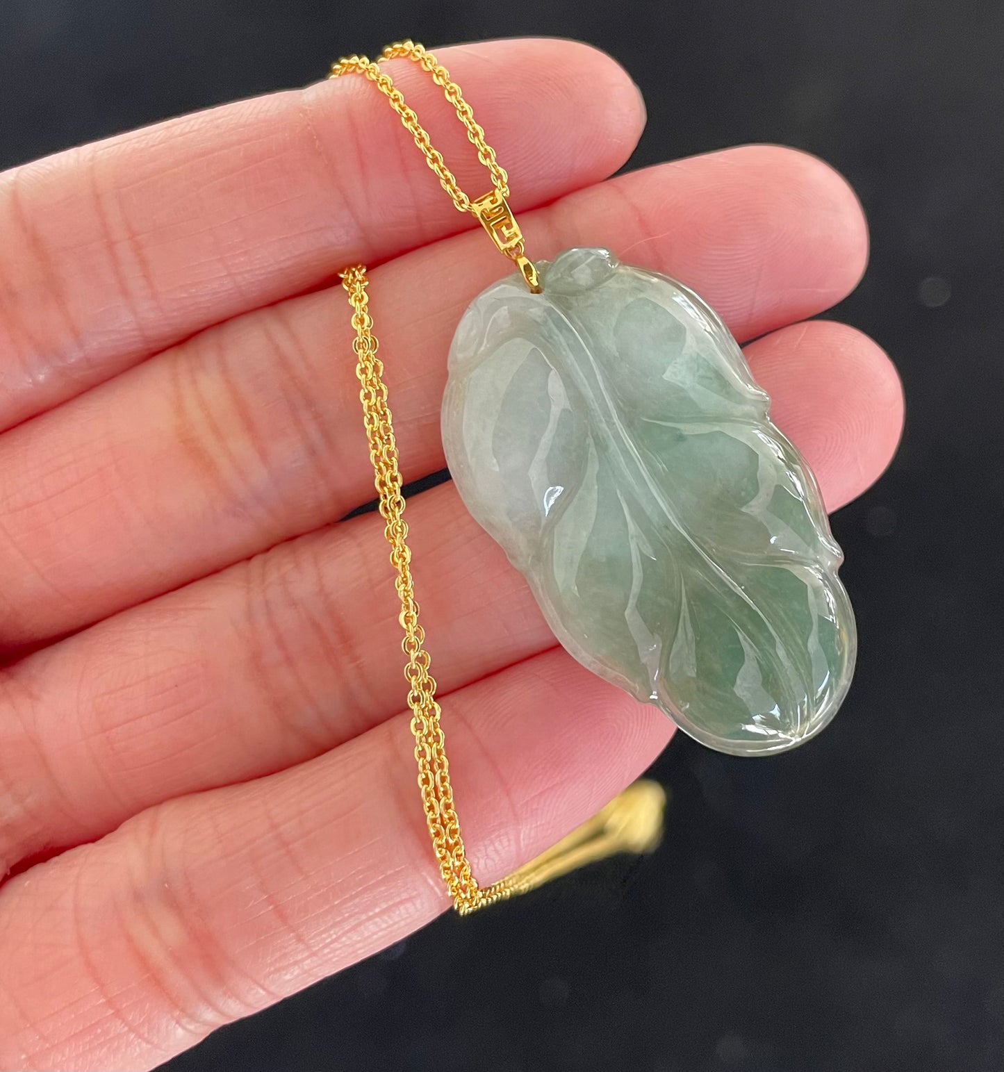 Icy Green Leaf Jadeite Jade Pendant 18K Gold Buckle, 100% Untreated Certified Genuine Type A Burmese Jadeite (Gold Necklace Chain NOT Included)