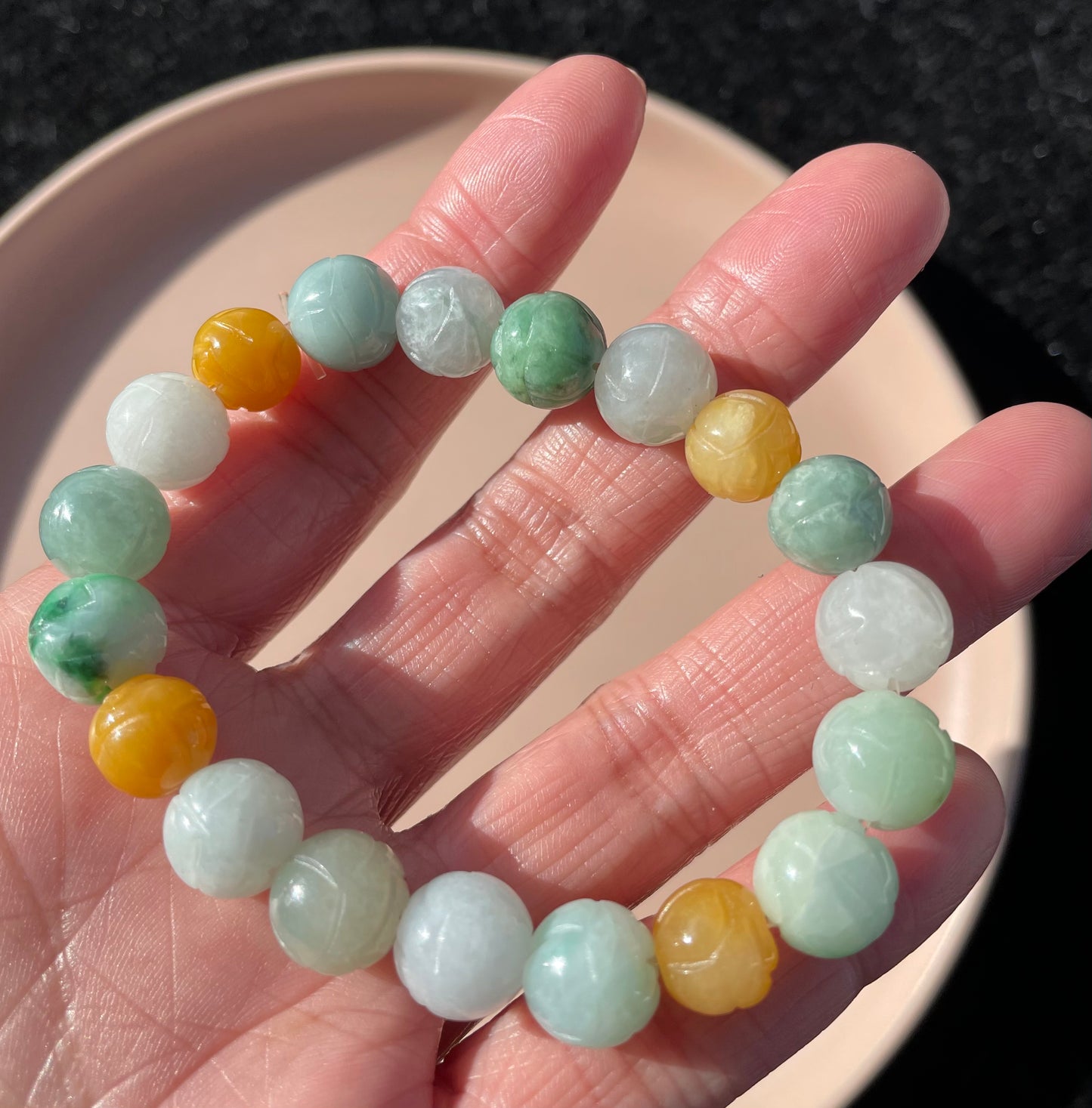 100% Untreated Certified Genuine Type A Burmese Jadeite, Carved Lotus Jadeite Jade Beads Bracelet, Grade A Jadeite, Burma Jadeite