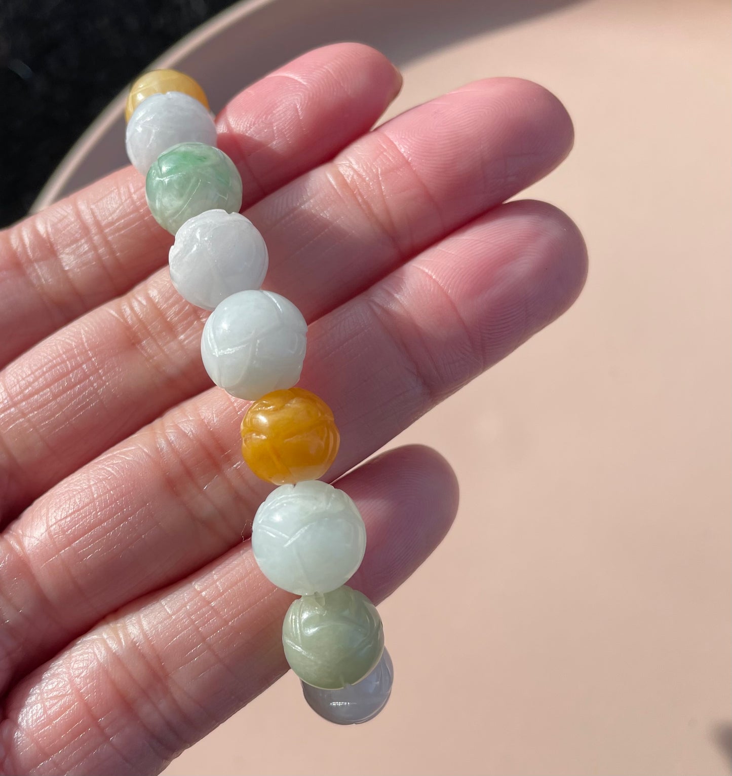 100% Untreated Certified Genuine Type A Burmese Jadeite, Carved Lotus Jadeite Jade Beads Bracelet, Grade A Jadeite, Burma Jadeite