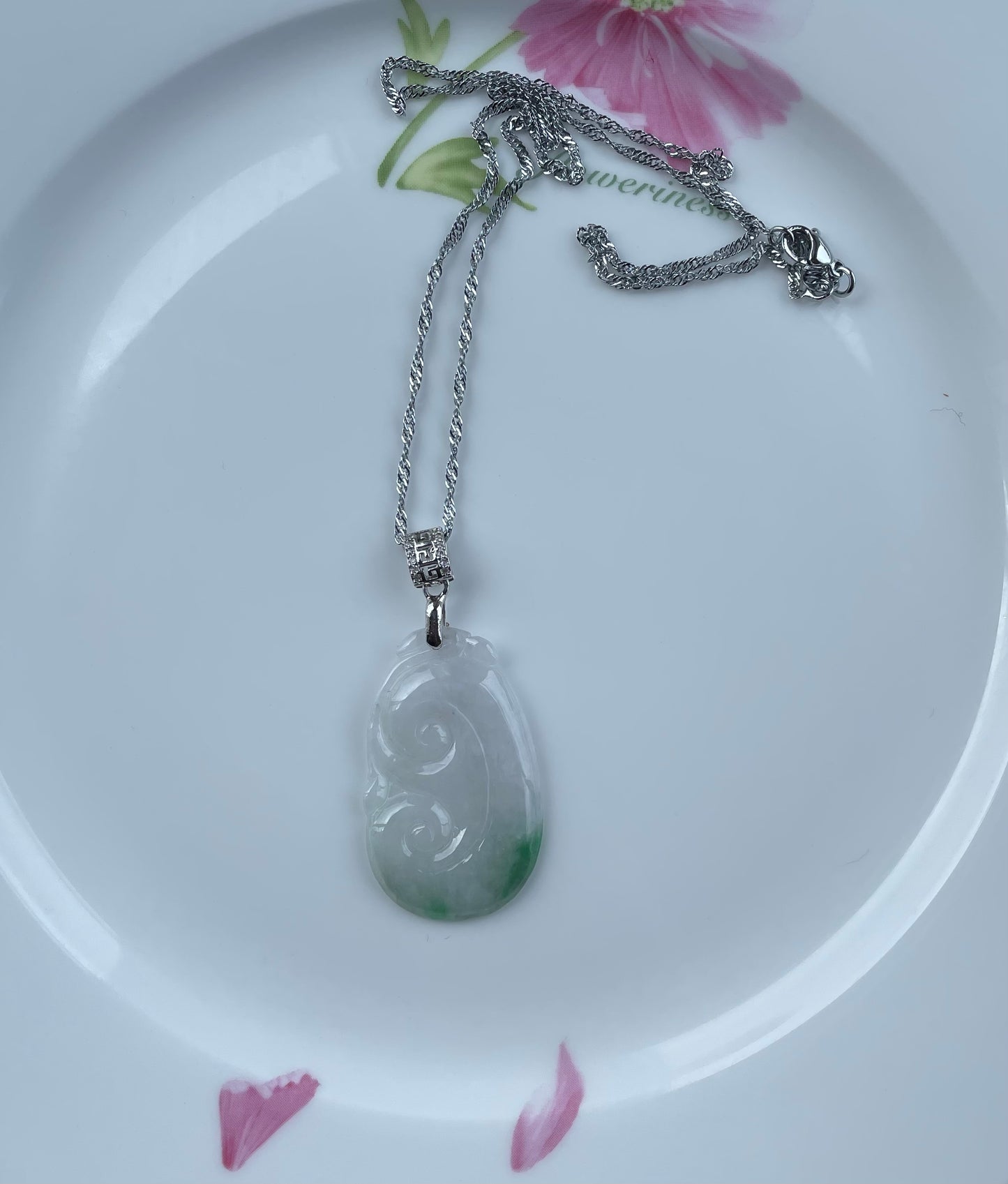 Milky Jadeite Floating Green, 100% Untreated Certified Genuine Type A Burmese Jadeite, Ruyi Jadeite Jade Pendant Necklace, Grade A Jadeite, Burma Jadeite