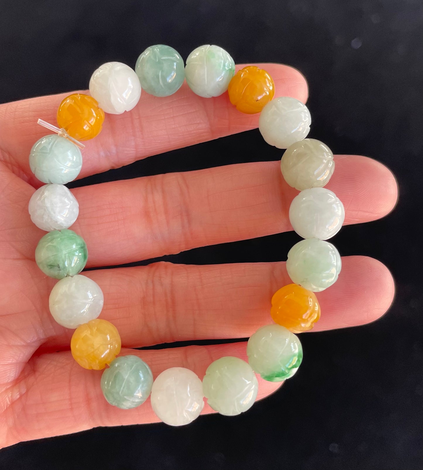 100% Untreated Certified Genuine Type A Burmese Jadeite, Carved Lotus Jadeite Jade Beads Bracelet, Grade A Jadeite, Burma Jadeite