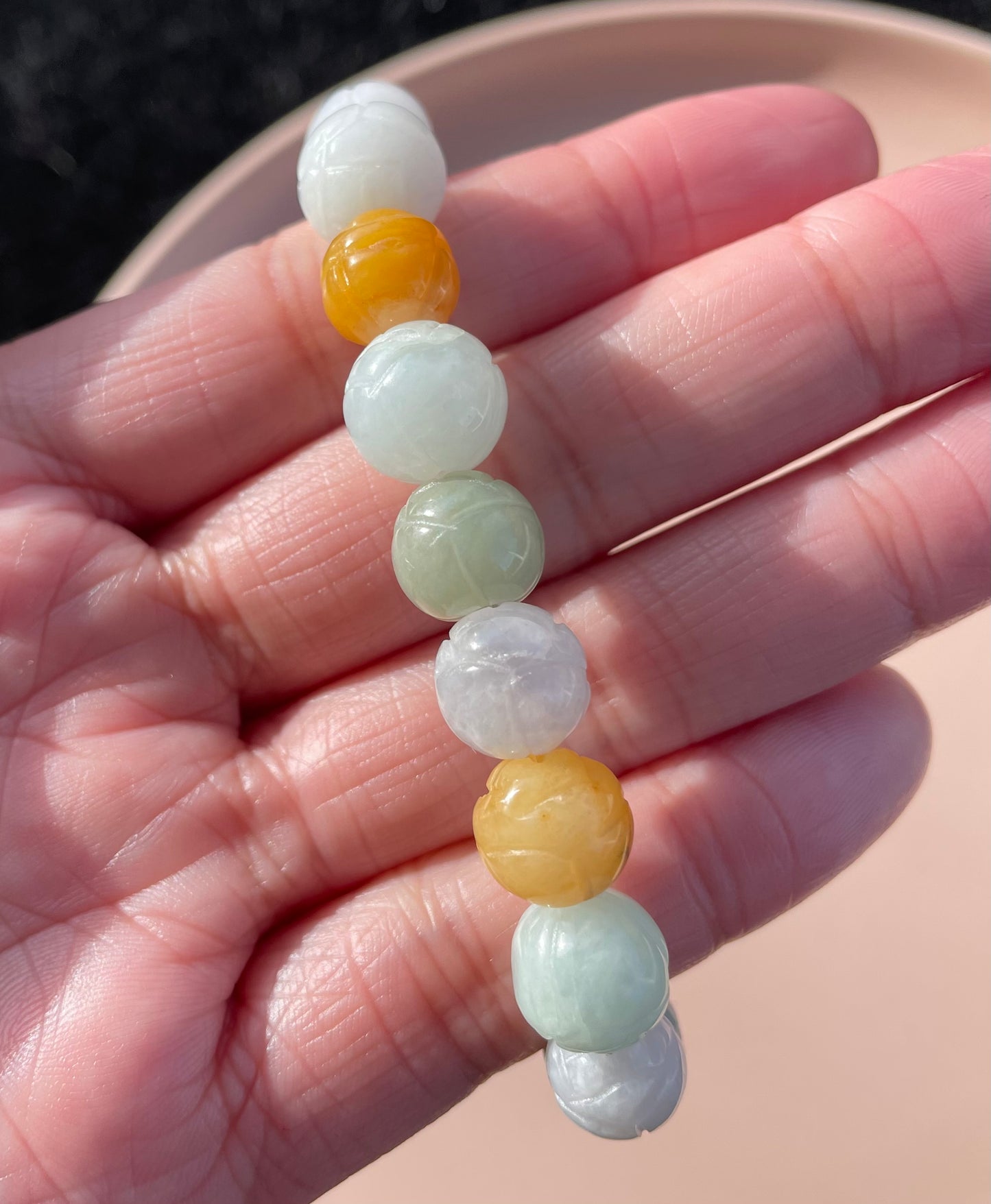 100% Untreated Certified Genuine Type A Burmese Jadeite, Carved Lotus Jadeite Jade Beads Bracelet, Grade A Jadeite, Burma Jadeite