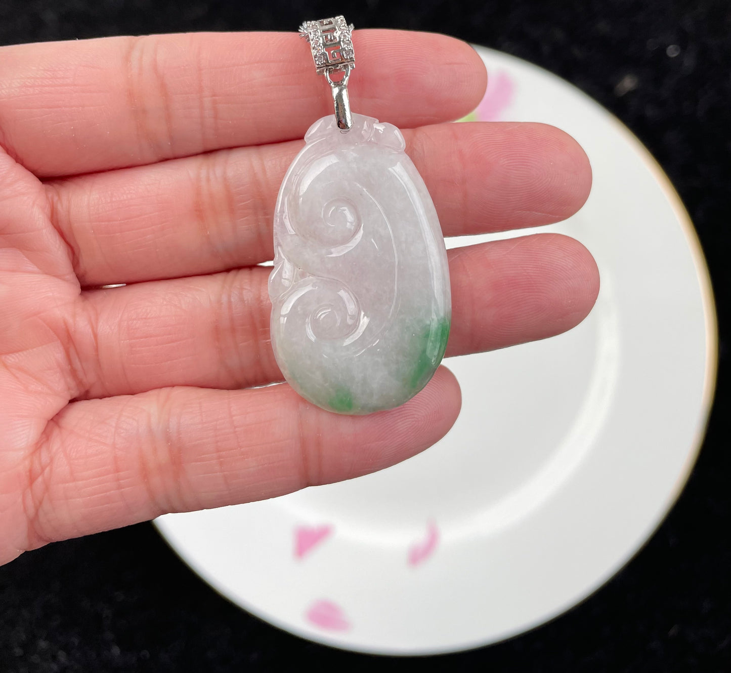 Milky Jadeite Floating Green, 100% Untreated Certified Genuine Type A Burmese Jadeite, Ruyi Jadeite Jade Pendant Necklace, Grade A Jadeite, Burma Jadeite