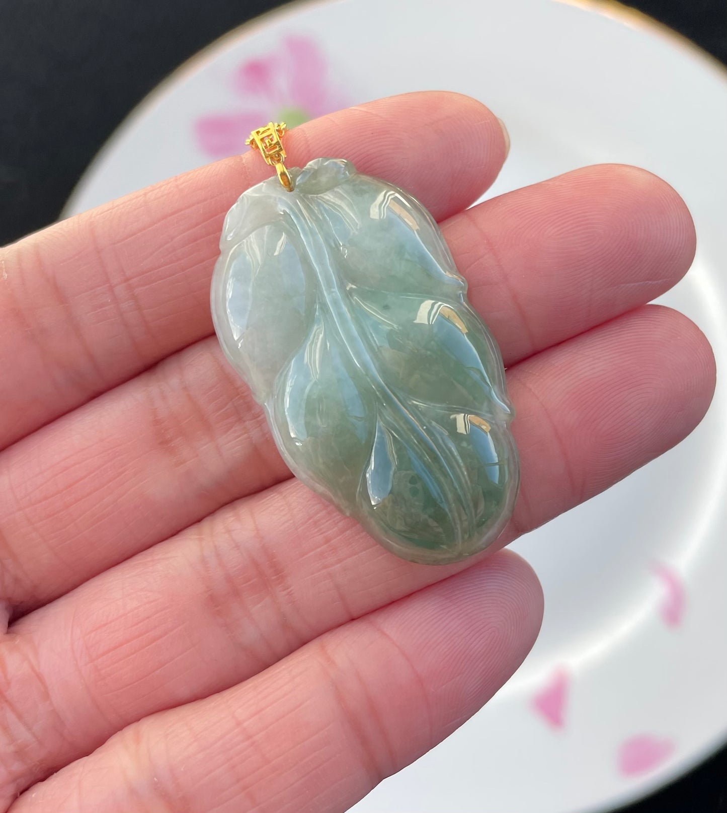 Icy Green Leaf Jadeite Jade Pendant 18K Gold Buckle, 100% Untreated Certified Genuine Type A Burmese Jadeite (Gold Necklace Chain NOT Included)