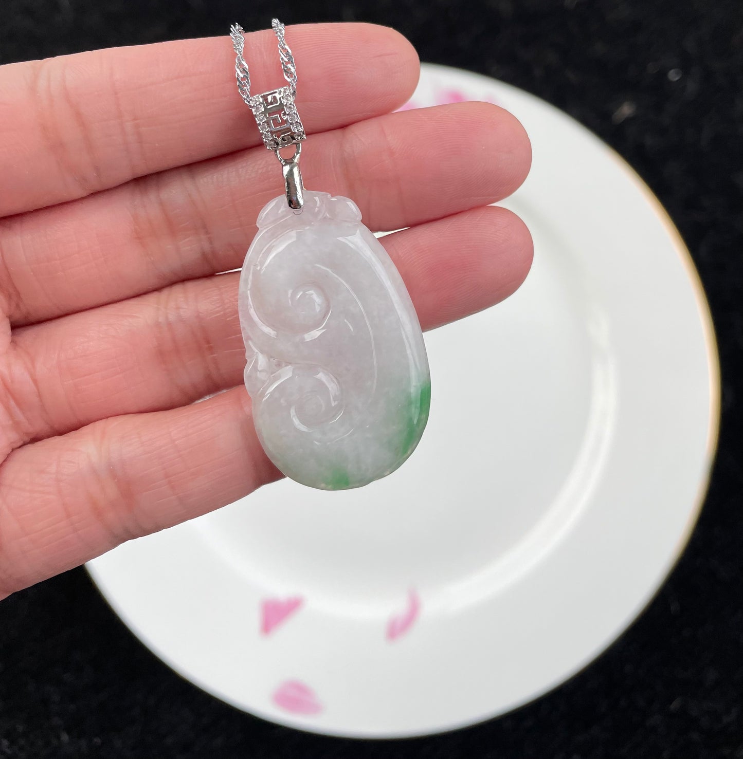 Milky Jadeite Floating Green, 100% Untreated Certified Genuine Type A Burmese Jadeite, Ruyi Jadeite Jade Pendant Necklace, Grade A Jadeite, Burma Jadeite