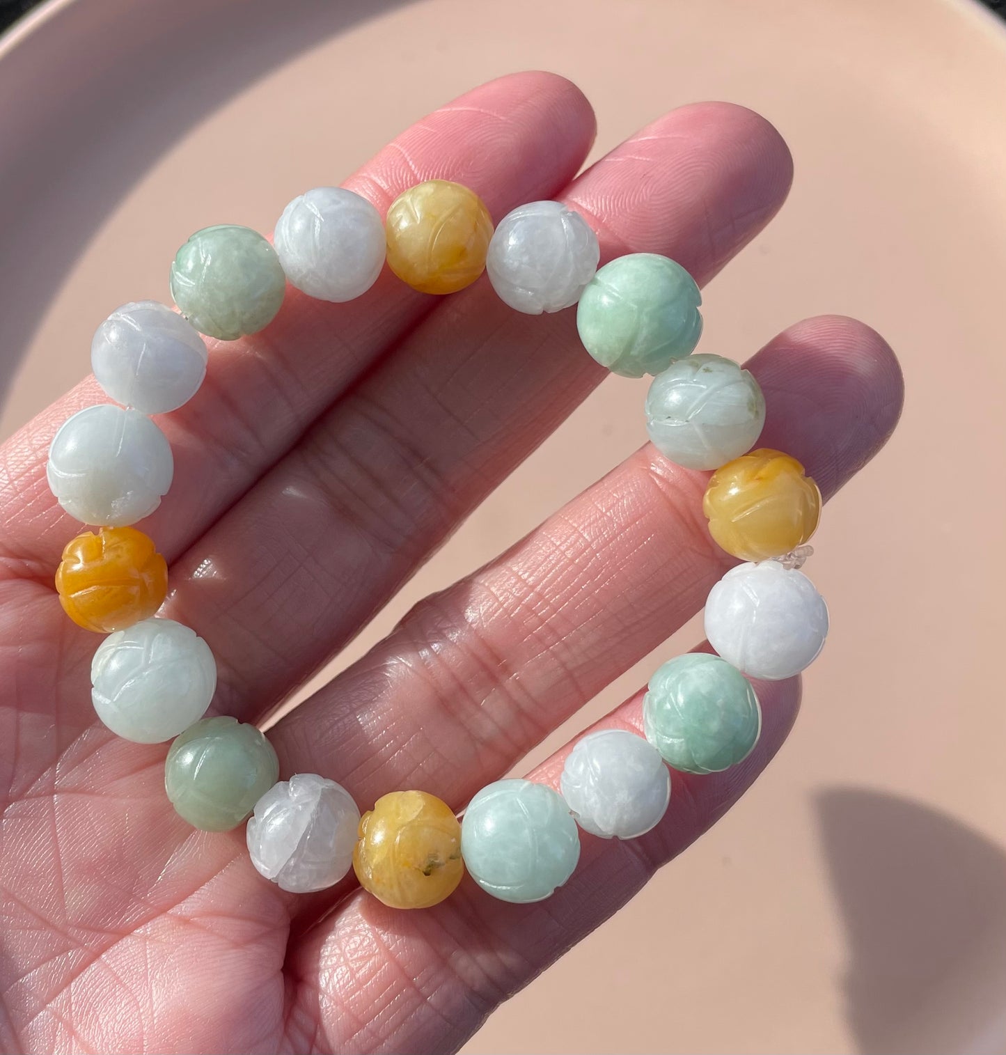 100% Untreated Certified Genuine Type A Burmese Jadeite, Carved Lotus Jadeite Jade Beads Bracelet, Grade A Jadeite, Burma Jadeite