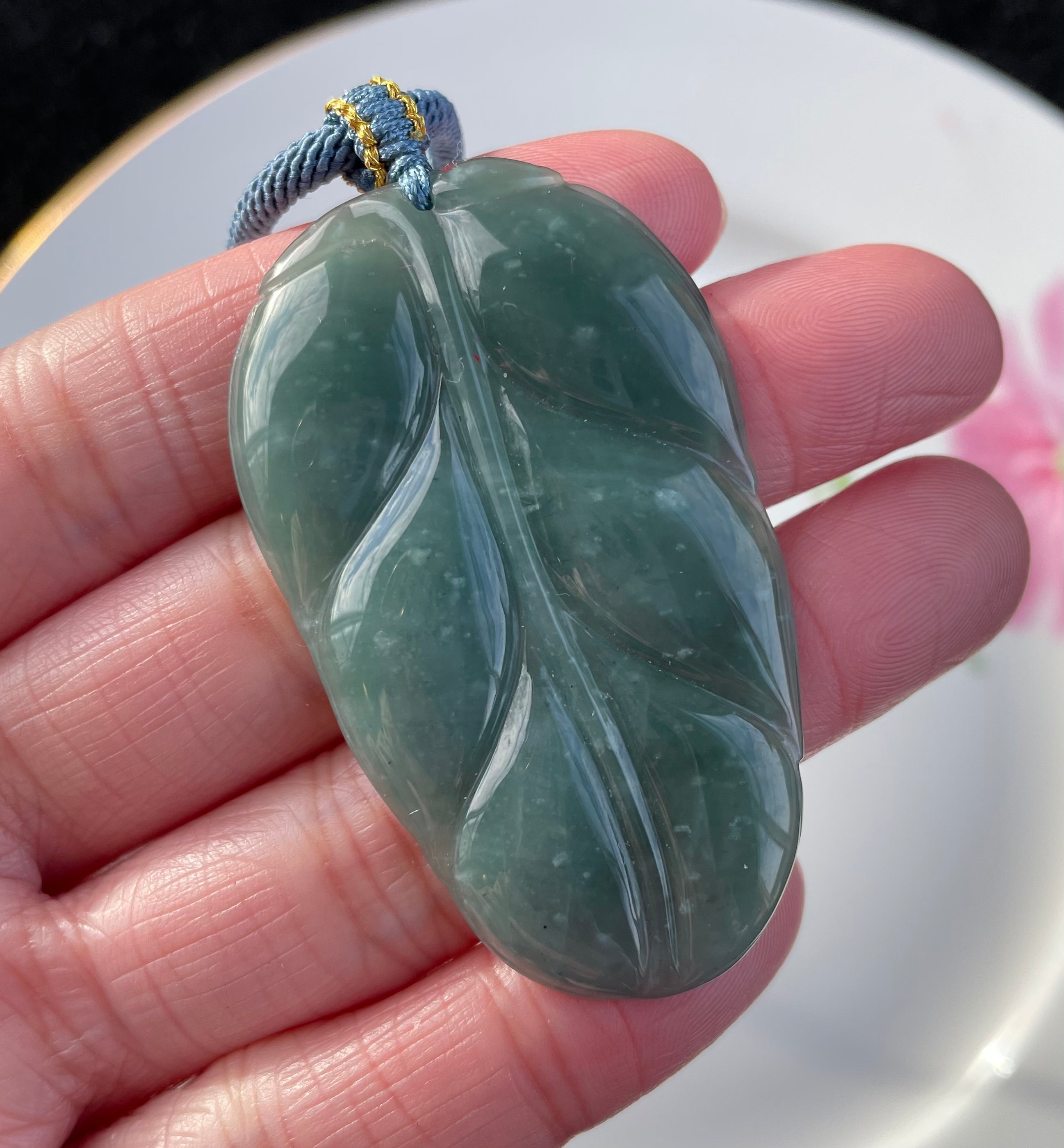 Hand Carved Blue Guatemalan Jadeite Leaf cheapest Pendant Necklace.