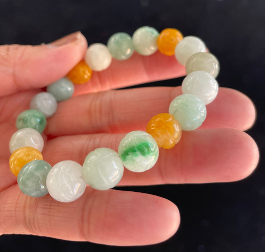 100% Untreated Certified Genuine Type A Burmese Jadeite, Carved Lotus Jadeite Jade Beads Bracelet, Grade A Jadeite, Burma Jadeite