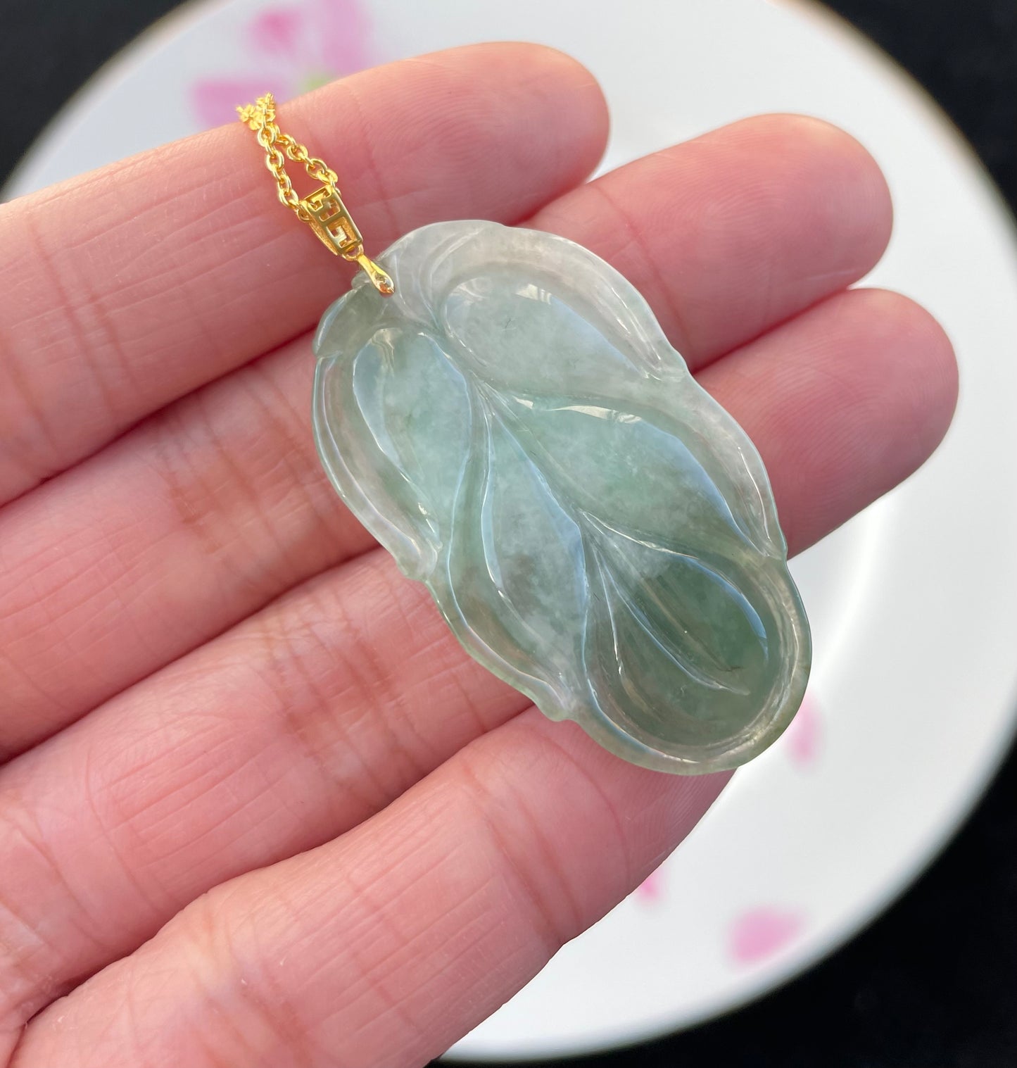 Icy Green Leaf Jadeite Jade Pendant 18K Gold Buckle, 100% Untreated Certified Genuine Type A Burmese Jadeite (Gold Necklace Chain NOT Included)