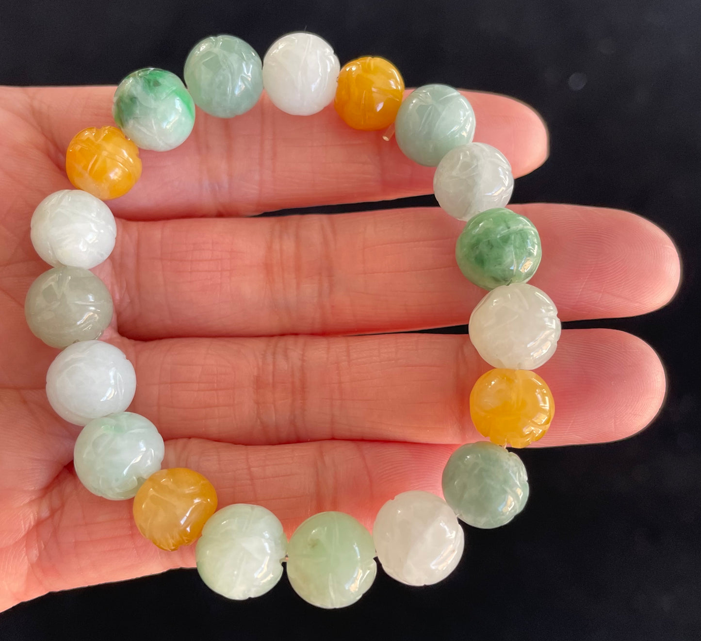 100% Untreated Certified Genuine Type A Burmese Jadeite, Carved Lotus Jadeite Jade Beads Bracelet, Grade A Jadeite, Burma Jadeite