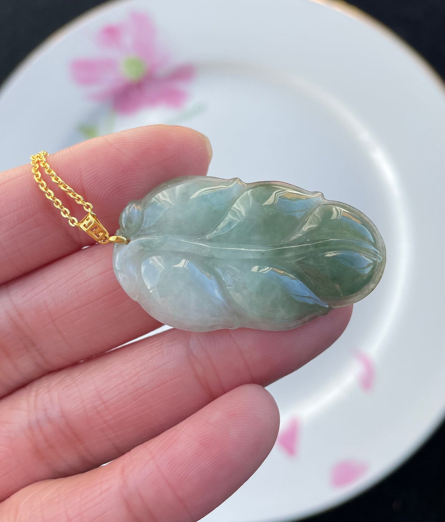 Icy Green Leaf Jadeite Jade Pendant 18K Gold Buckle, 100% Untreated Certified Genuine Type A Burmese Jadeite (Gold Necklace Chain NOT Included)