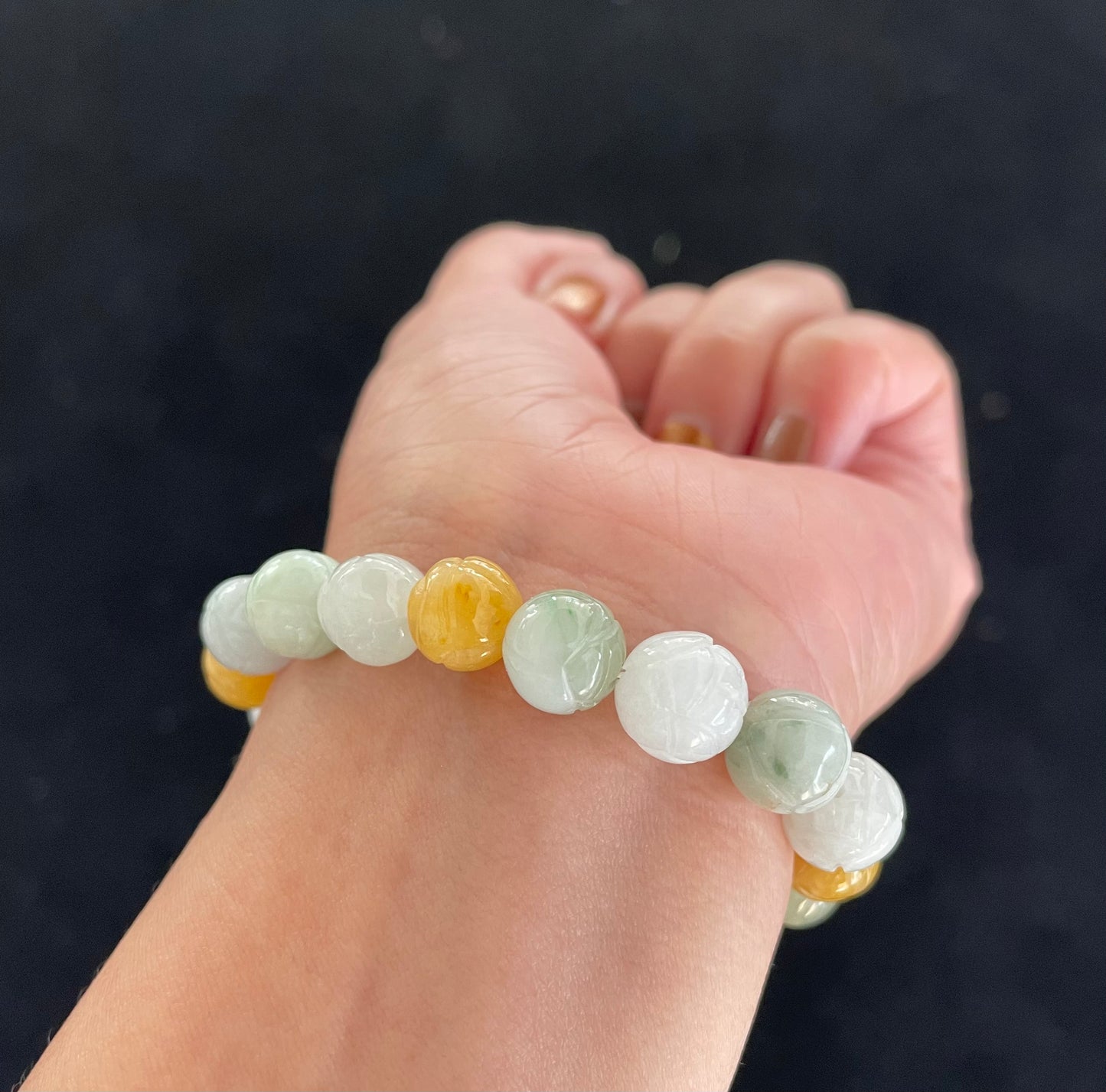 100% Untreated Certified Genuine Type A Burmese Jadeite, Carved Lotus Jadeite Jade Beads Bracelet, Grade A Jadeite, Burma Jadeite