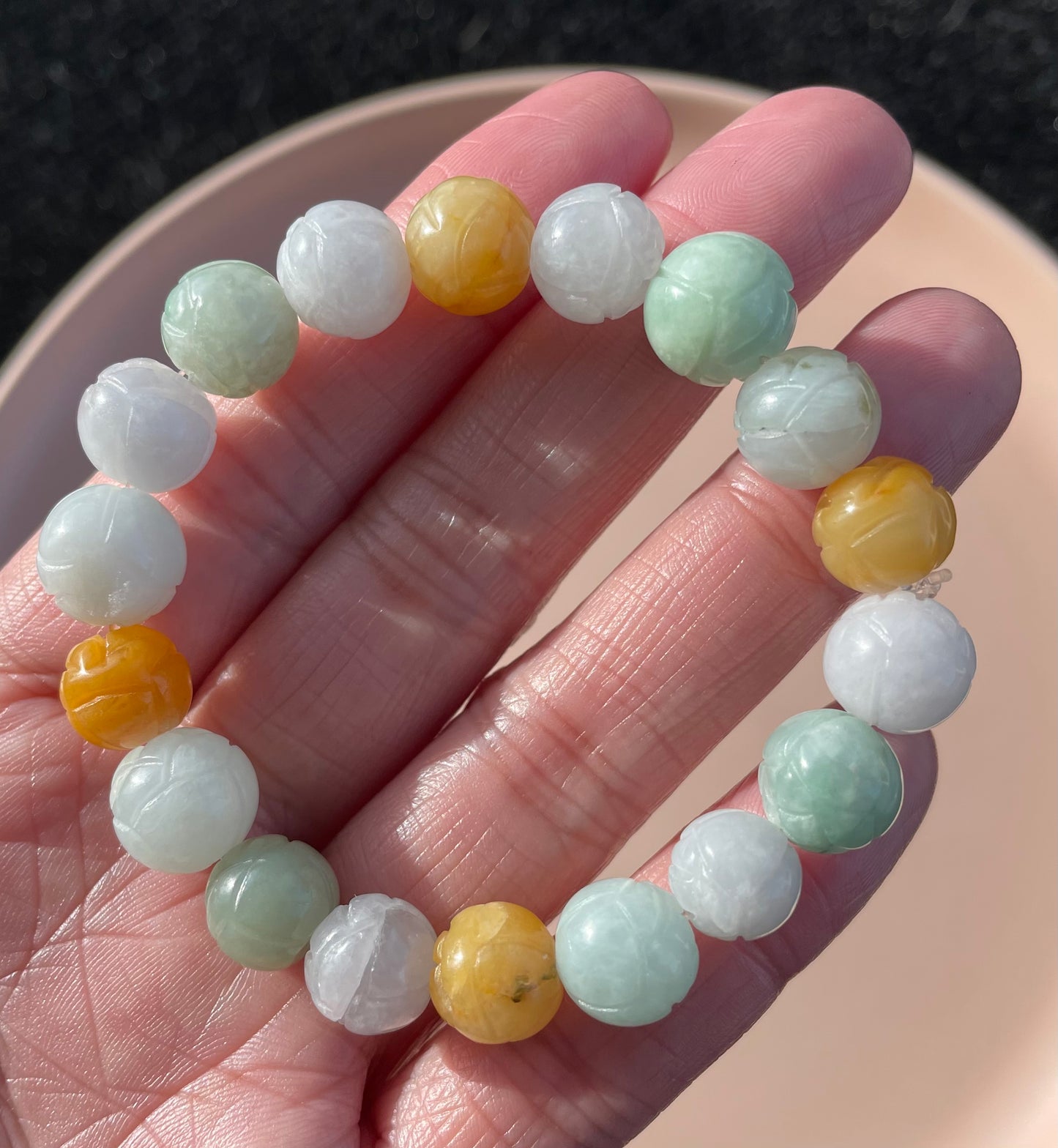 100% Untreated Certified Genuine Type A Burmese Jadeite, Carved Lotus Jadeite Jade Beads Bracelet, Grade A Jadeite, Burma Jadeite