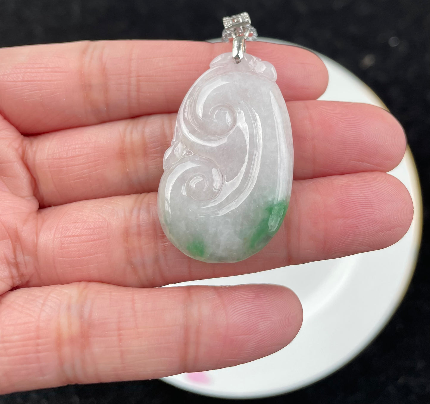 Milky Jadeite Floating Green, 100% Untreated Certified Genuine Type A Burmese Jadeite, Ruyi Jadeite Jade Pendant Necklace, Grade A Jadeite, Burma Jadeite