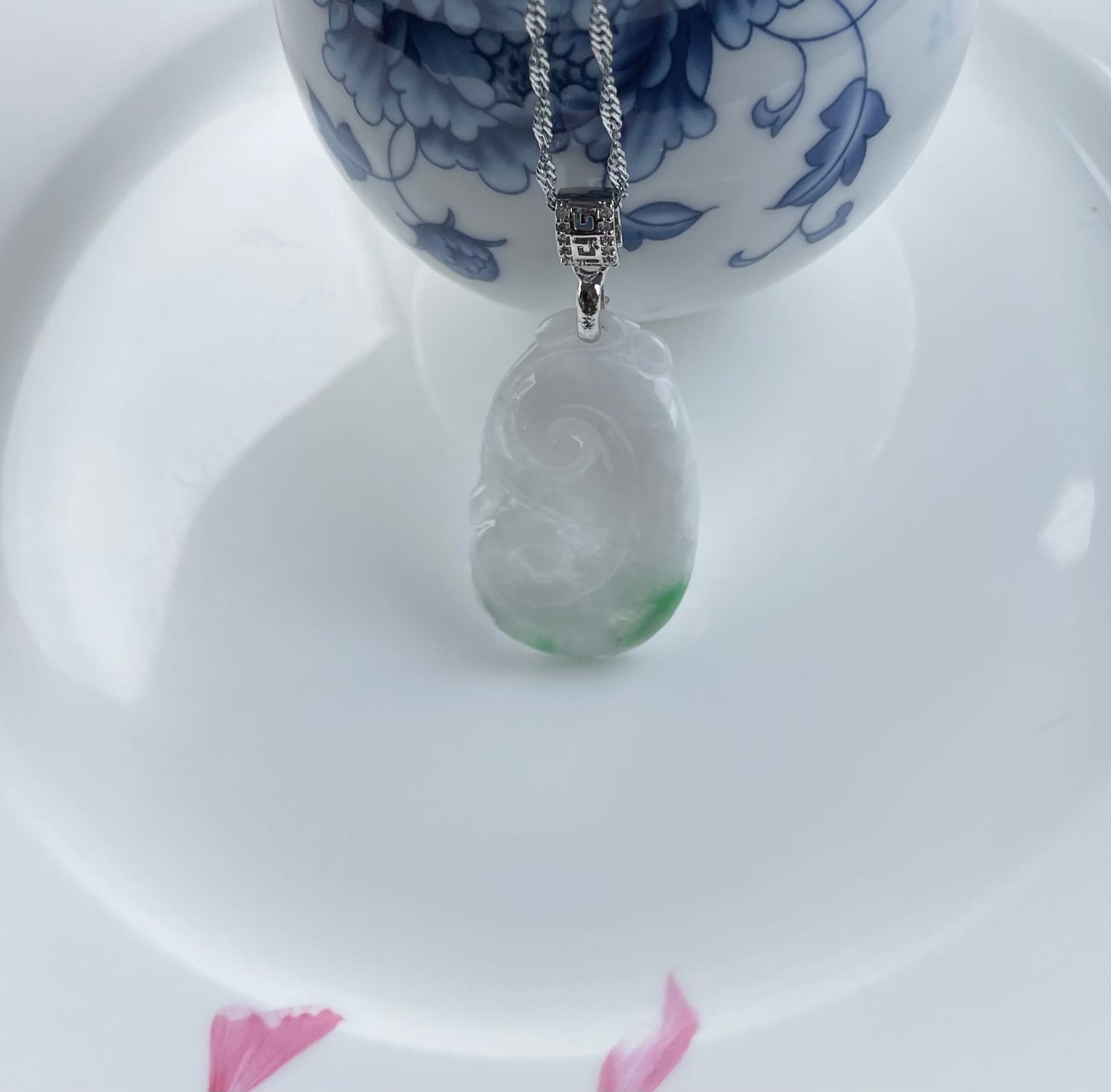 Milky Jadeite Floating Green, 100% Untreated Certified Genuine Type A Burmese Jadeite, Ruyi Jadeite Jade Pendant Necklace, Grade A Jadeite, Burma Jadeite