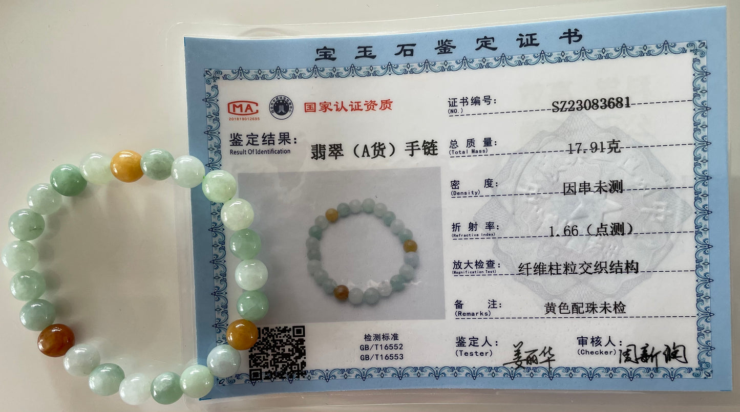 100% Untreated Certified Genuine Type A Burmese Jadeite, Round Jadeite Jade Beads Bracelet, Grade A Jadeite, Burma Jadeite