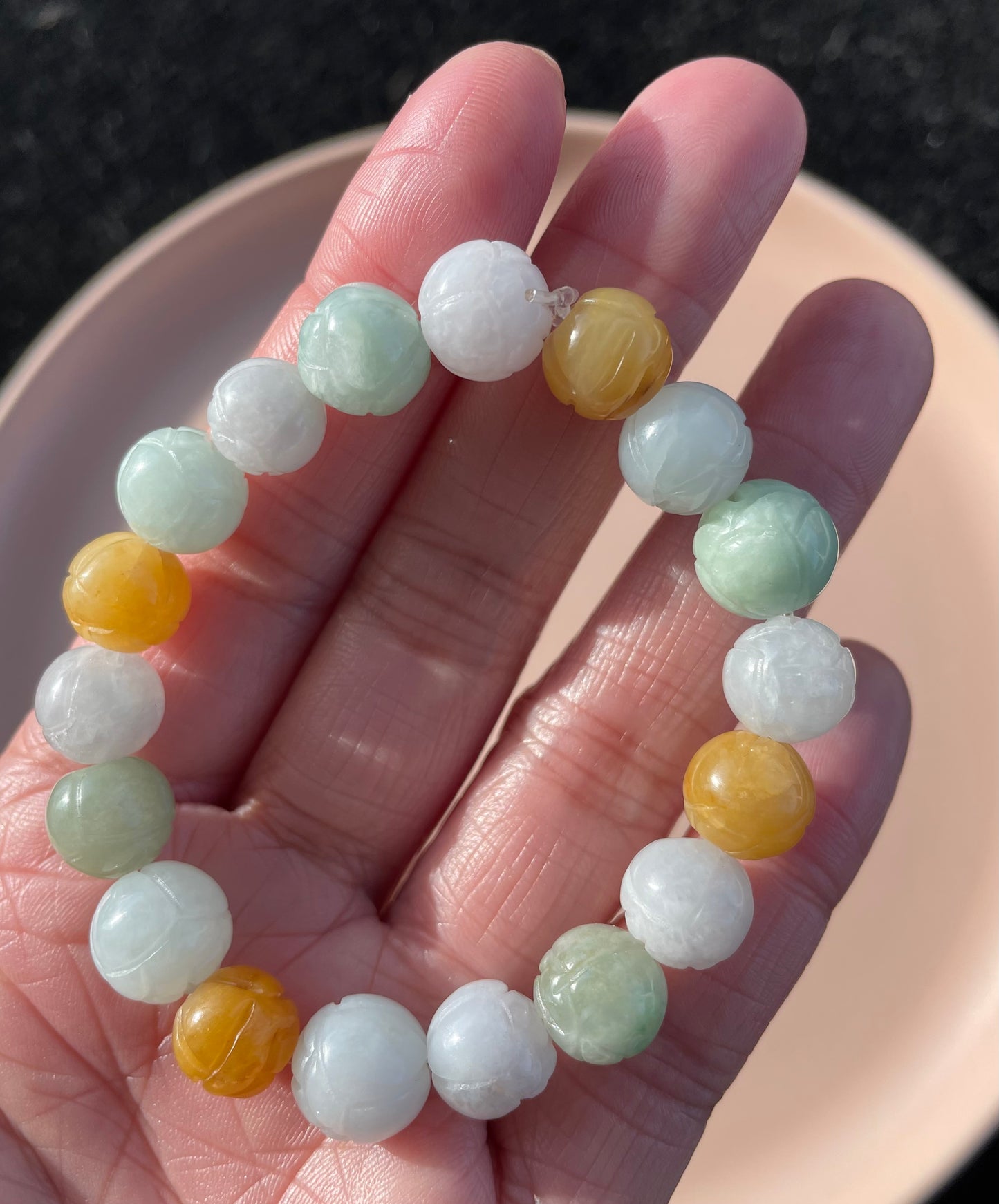 100% Untreated Certified Genuine Type A Burmese Jadeite, Carved Lotus Jadeite Jade Beads Bracelet, Grade A Jadeite, Burma Jadeite