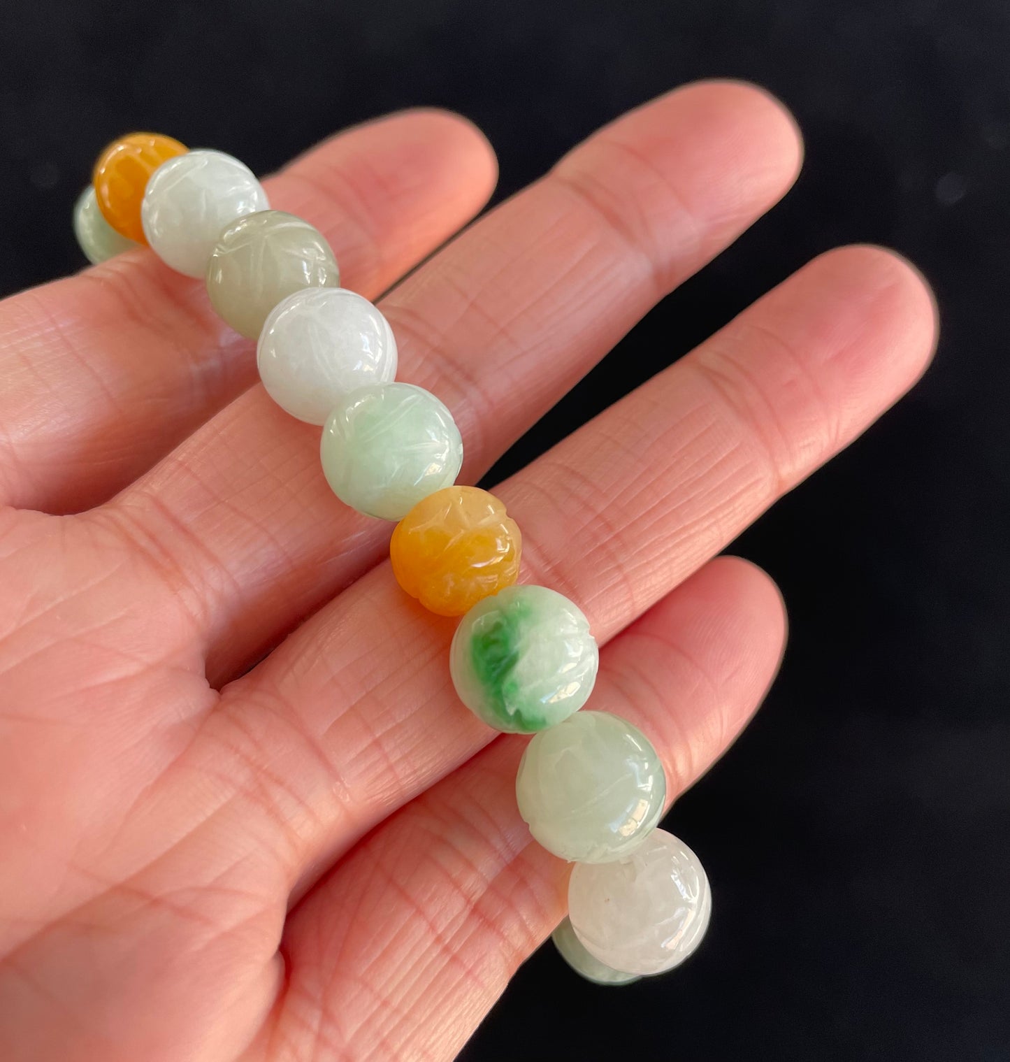 100% Untreated Certified Genuine Type A Burmese Jadeite, Carved Lotus Jadeite Jade Beads Bracelet, Grade A Jadeite, Burma Jadeite